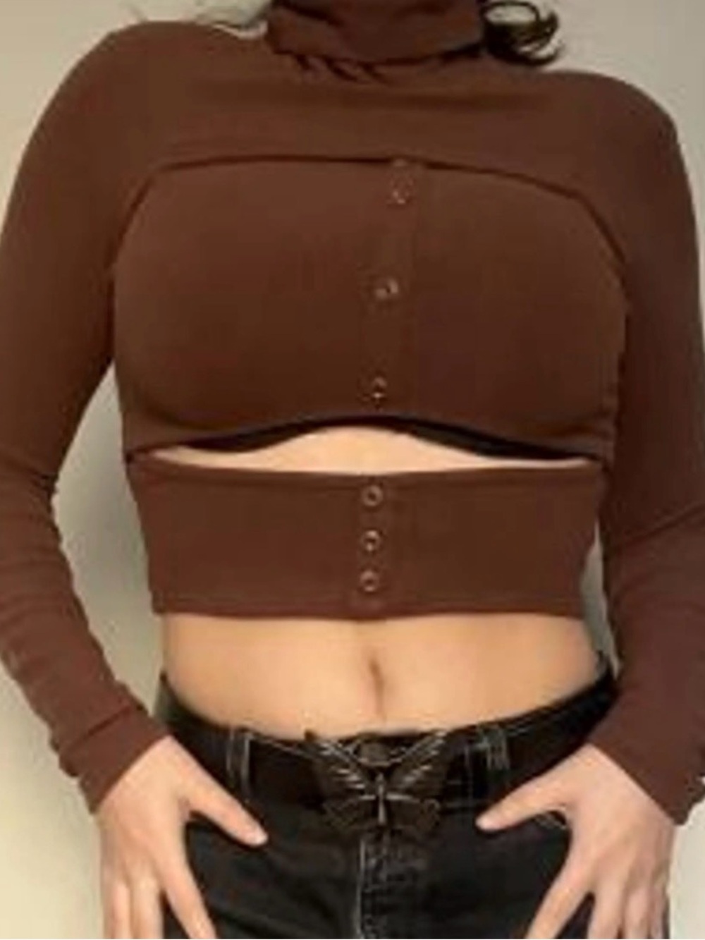 Brown Cutout Long-Sleeve Crop Top - Women's Fashion Urban Outfitters S